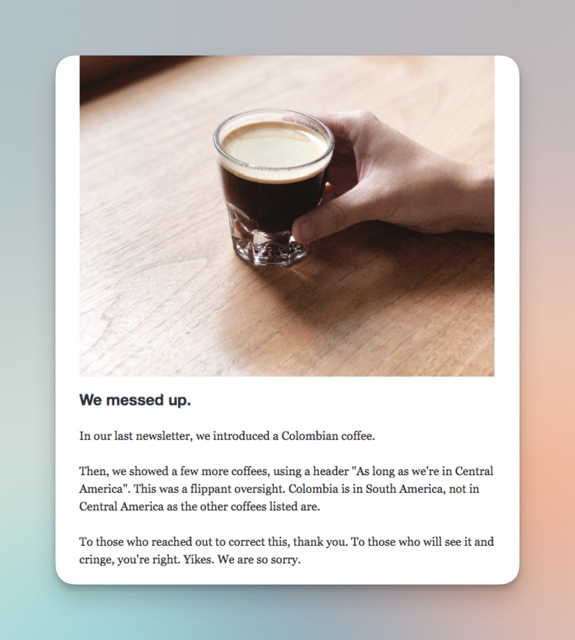 Methodical Coffee correction email featuring a coffee image and short email content