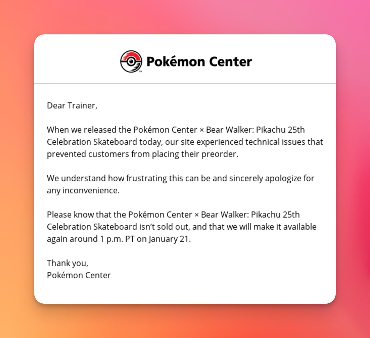 Pokemon Center correction email consisting of written content
