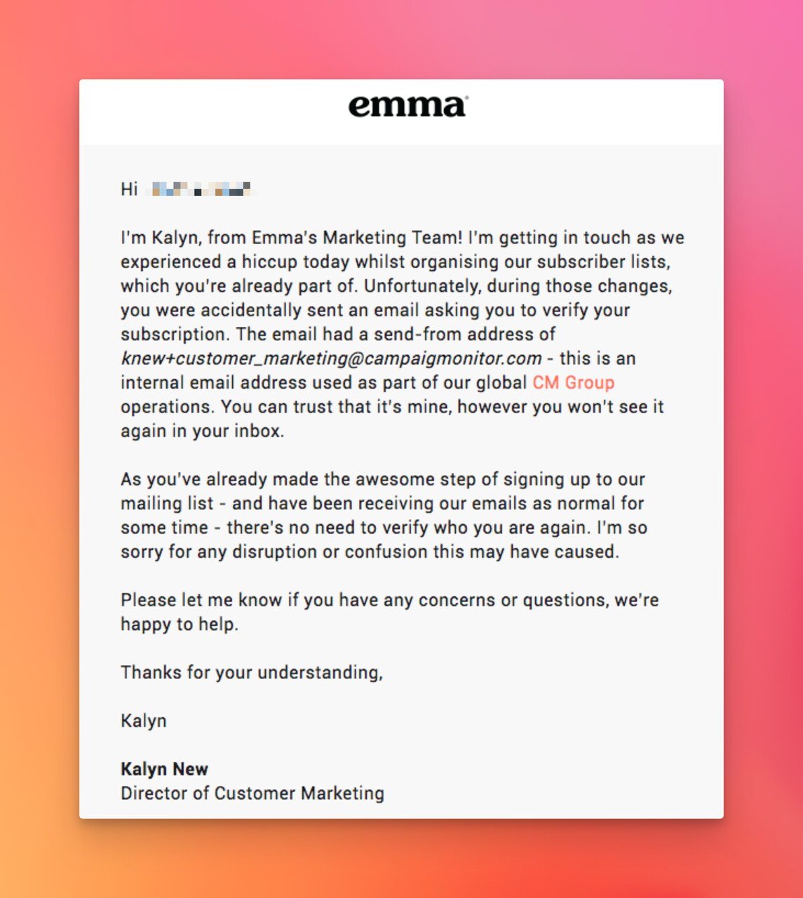 Emma correction email with a very long content