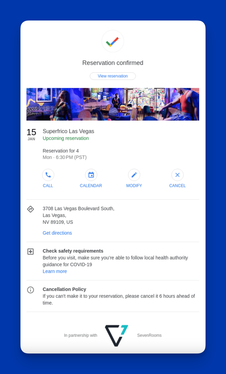 Real-World Professional Email Subject Line Example of Google: Your reservation at Superfrico Las Vegas is confirmed