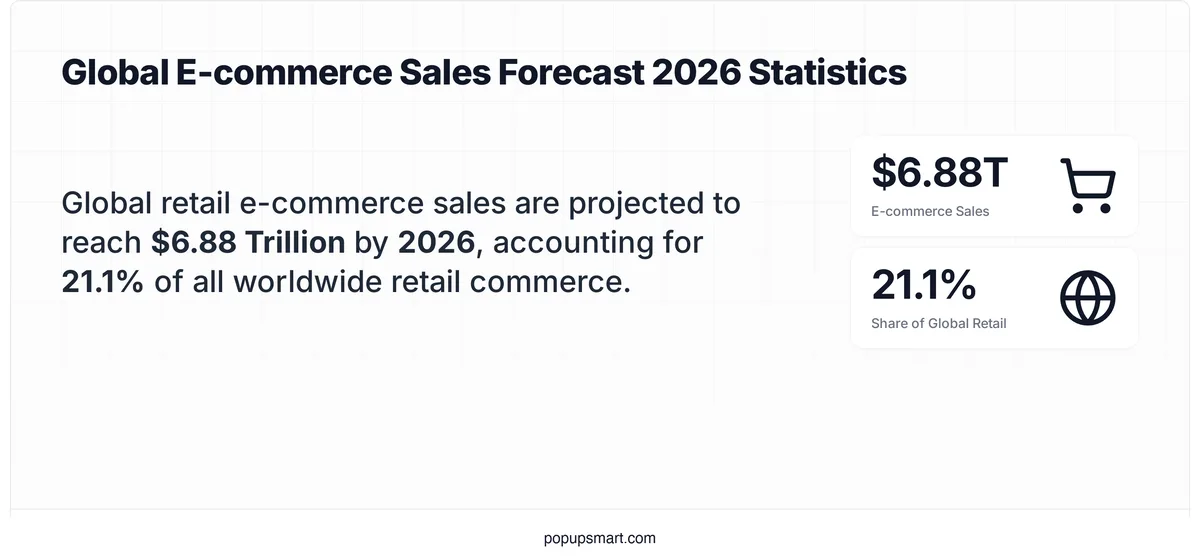Stat card showing global retail e-commerce sales projected at $6.88 trillion in 2026, representing 21.1% of all retail commerce worldwide