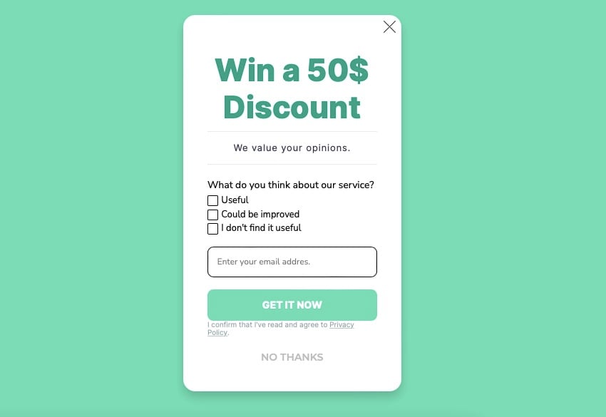 A popup survey example offering a $50 discount with green theme and checkboxes