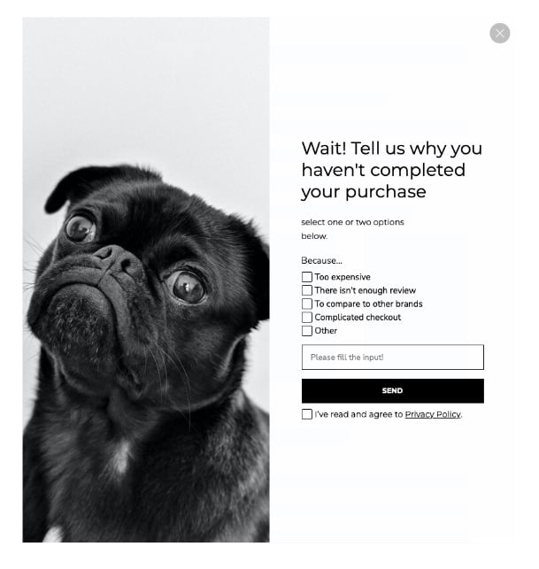 Survey popup with a cute dog image and headline asking why the visitor hasn't completed their purchase