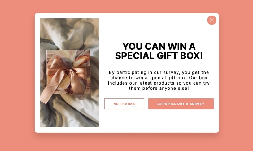 A popup survey offering a special gift box to encourage visitor participation