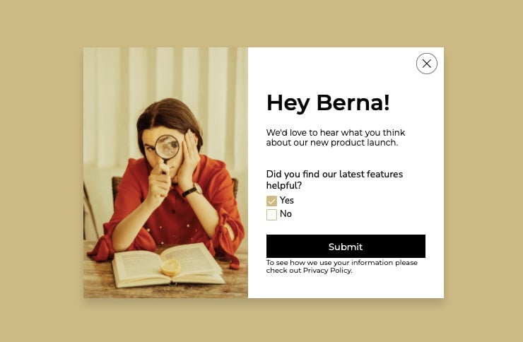 Personalized popup survey greeting the visitor by name with Hey Berna headline