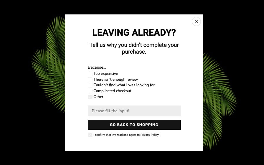 Exit intent popup saying Leaving already with checkboxes for getting feedback from departing visitors