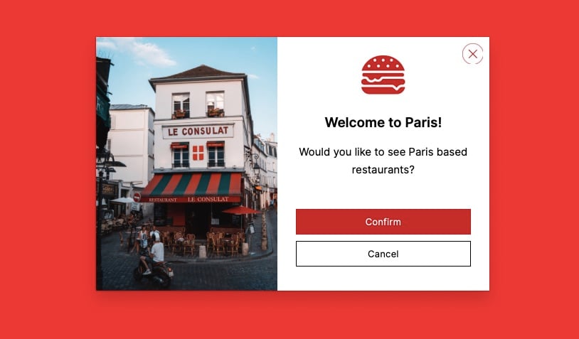Geo-location popup example with Welcome to Paris headline and cafe image