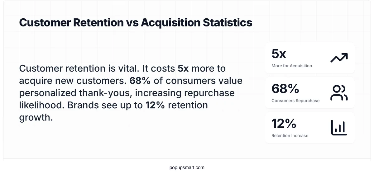 Stat card showing customer retention statistics: 5x acquisition cost vs retention, 68% repurchase likelihood from personalized thank-yous, and 12% retention increase from handwritten notes