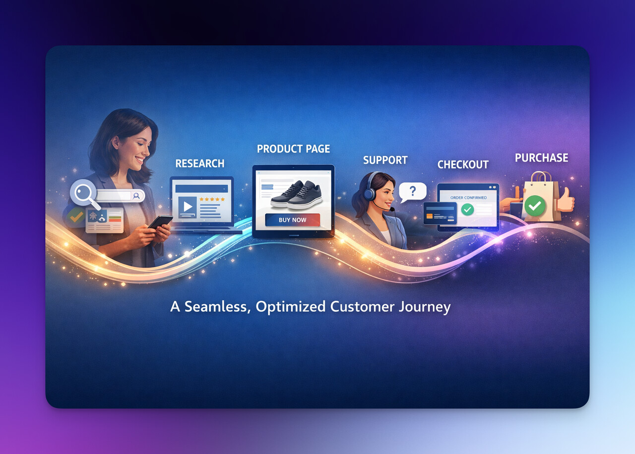 Illustration of a seamless optimized customer journey from research to product page, support, checkout, and purchase
