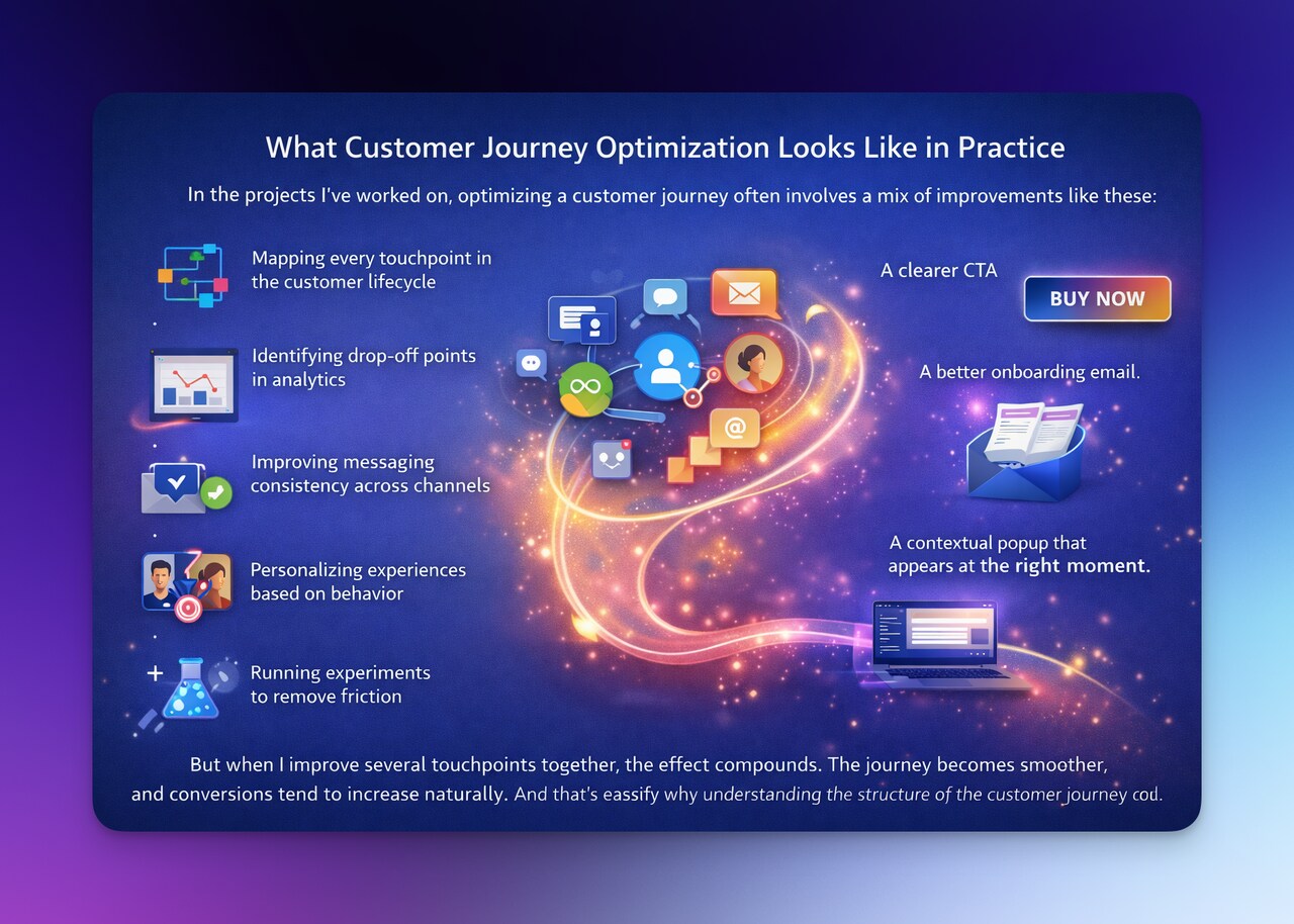Customer journey optimization strategy showing touchpoint mapping, personalization, analytics insights, CTAs, onboarding emails, and contextual popups