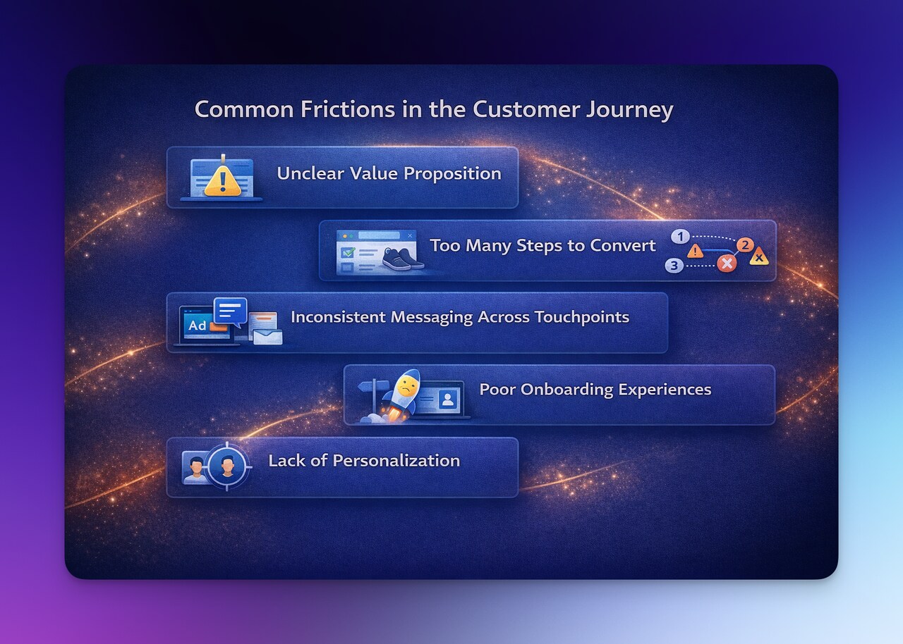 Common customer journey friction points including unclear value proposition, too many conversion steps, inconsistent messaging, poor onboarding, and lack of personalization