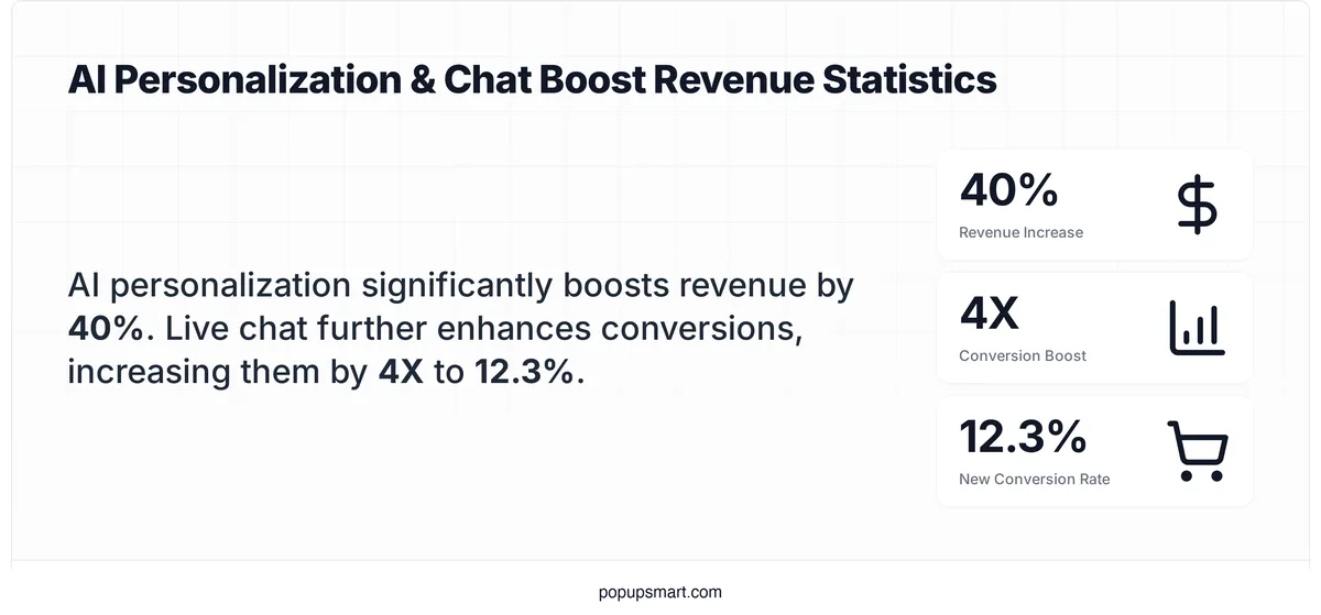 stat card showing AI personalization boosts revenue by 40 percent and chat increases conversions 4x to 12.3 percent