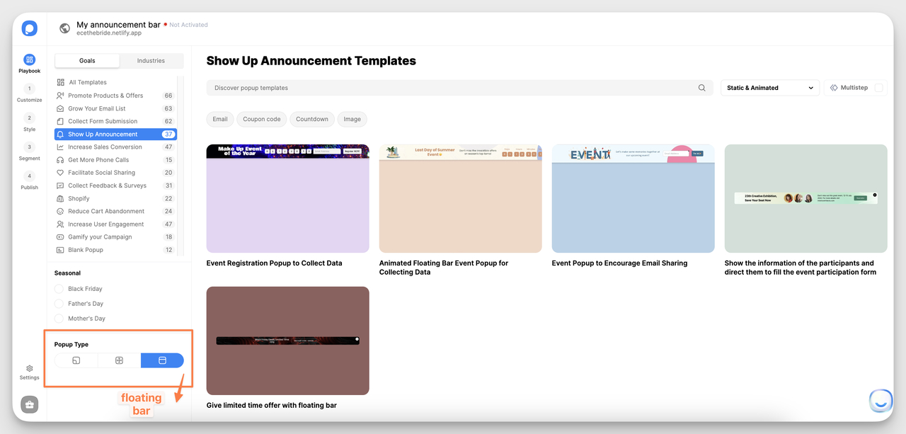 Popupsmart popup type selection showing Floating Bar option for sticky announcement bars