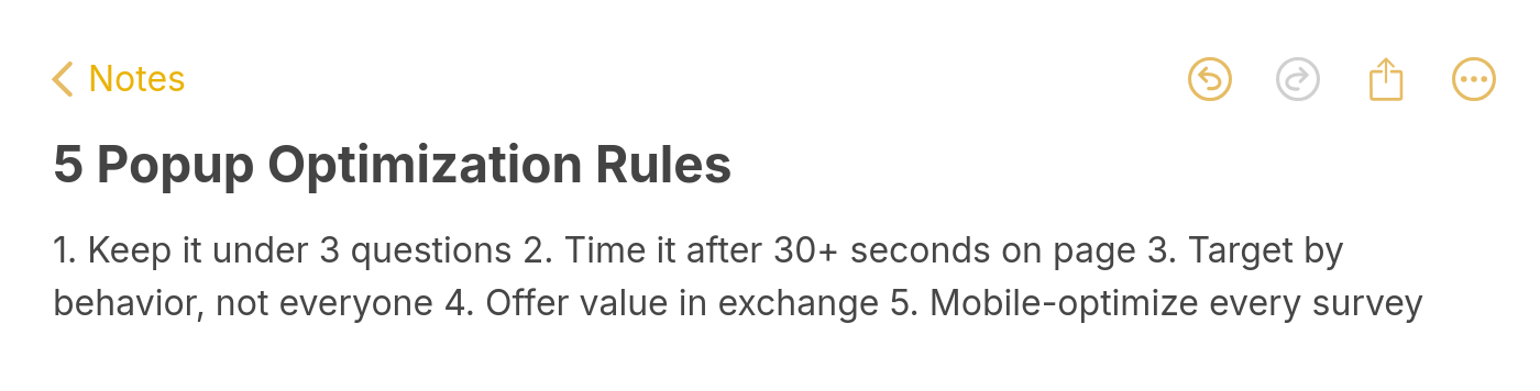Notes style card with five essential popup optimization rules for higher conversion rates
