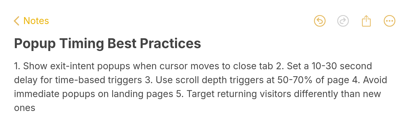 Notes style card listing five popup timing best practices including exit intent and scroll triggers