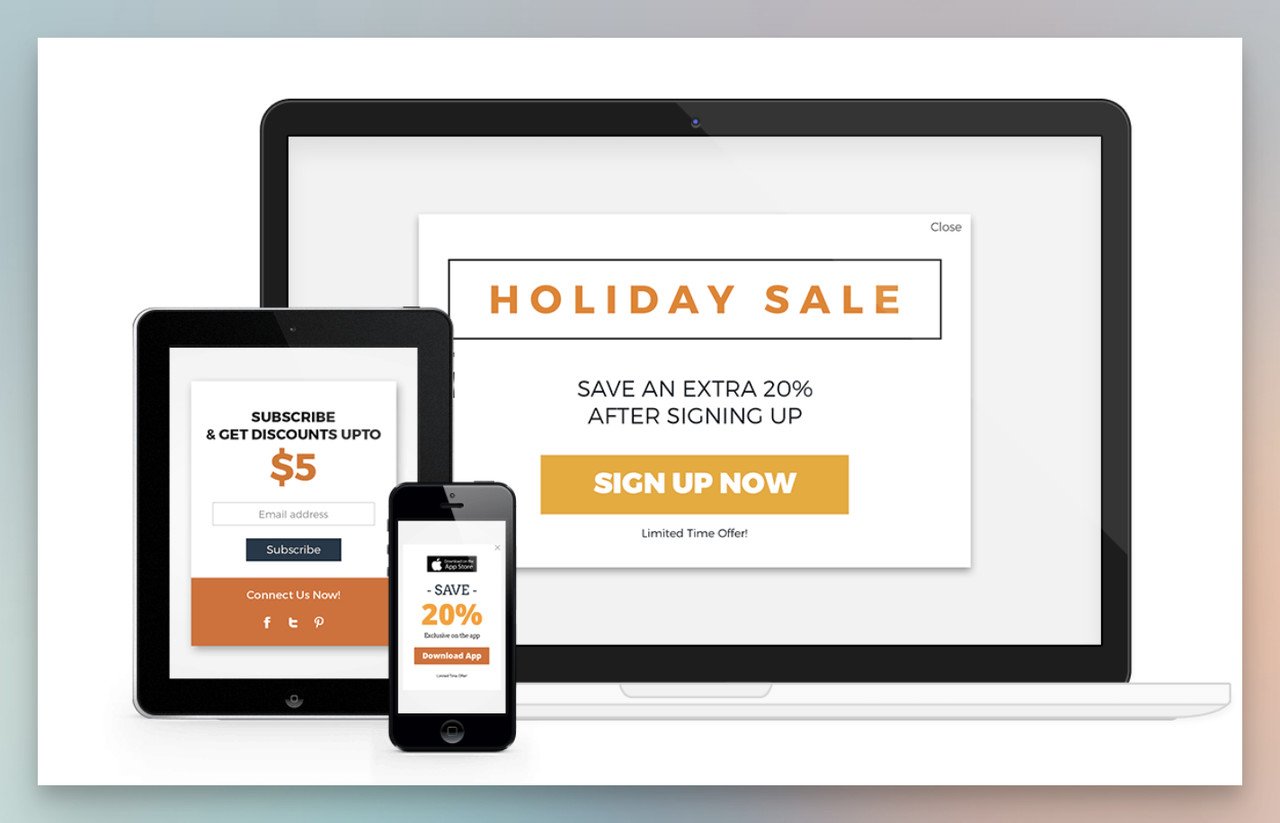 Responsive popup design preview showing layout on laptop, tablet, and mobile devices