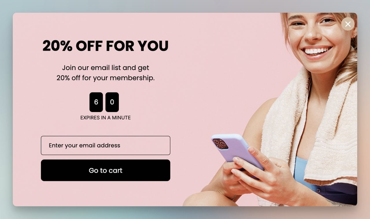 Email list discount popup offering 20 percent off with a fitness-themed product image