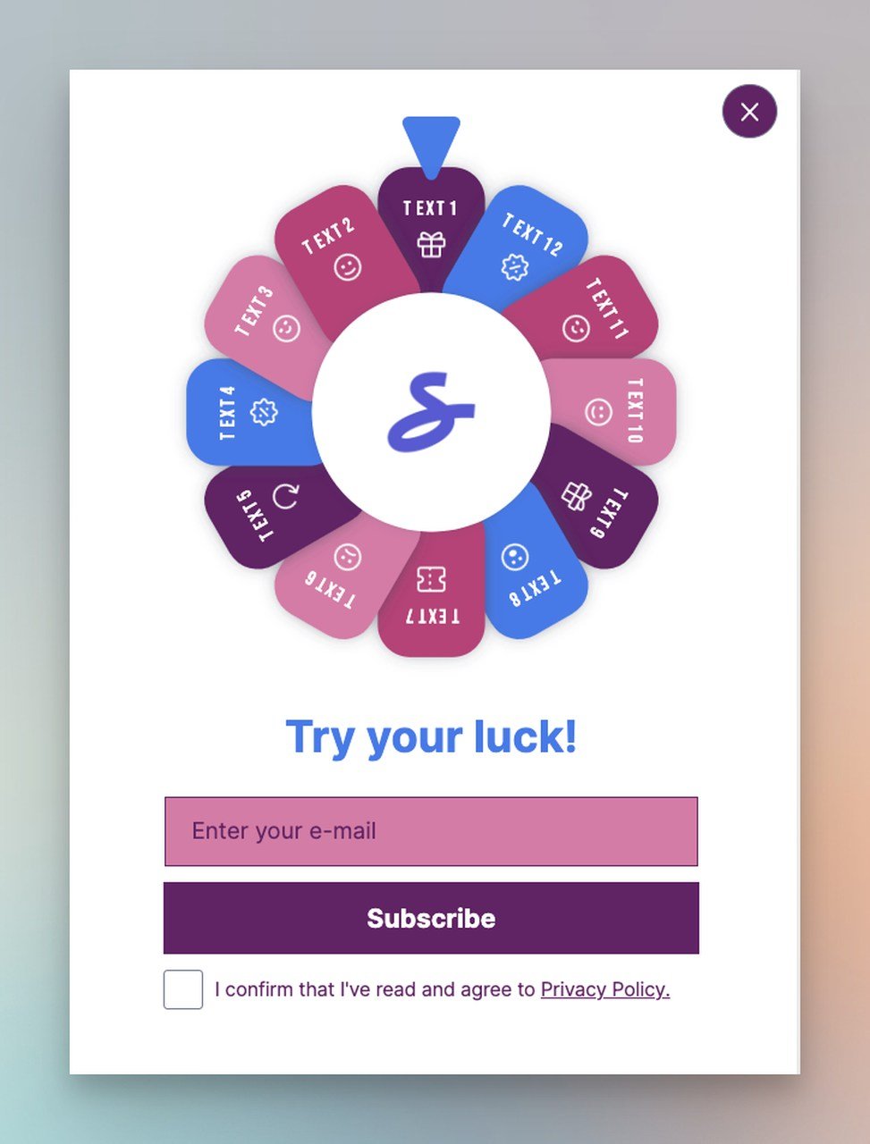 Gamified popup with a spin-to-win wheel and Try your luck call to action