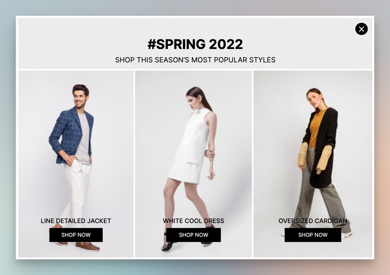 Product recommendation popup displaying three outfit suggestions based on browsing behavior