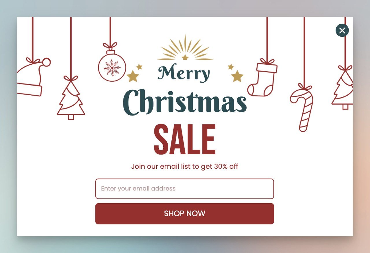 Holiday Christmas popup with festive design showing a Merry Christmas sale campaign