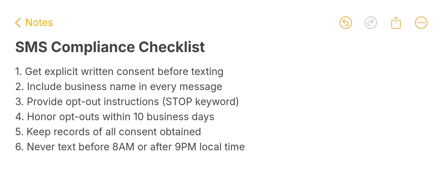 Six-item TCPA compliance checklist for SMS marketing including consent opt-out and timing rules