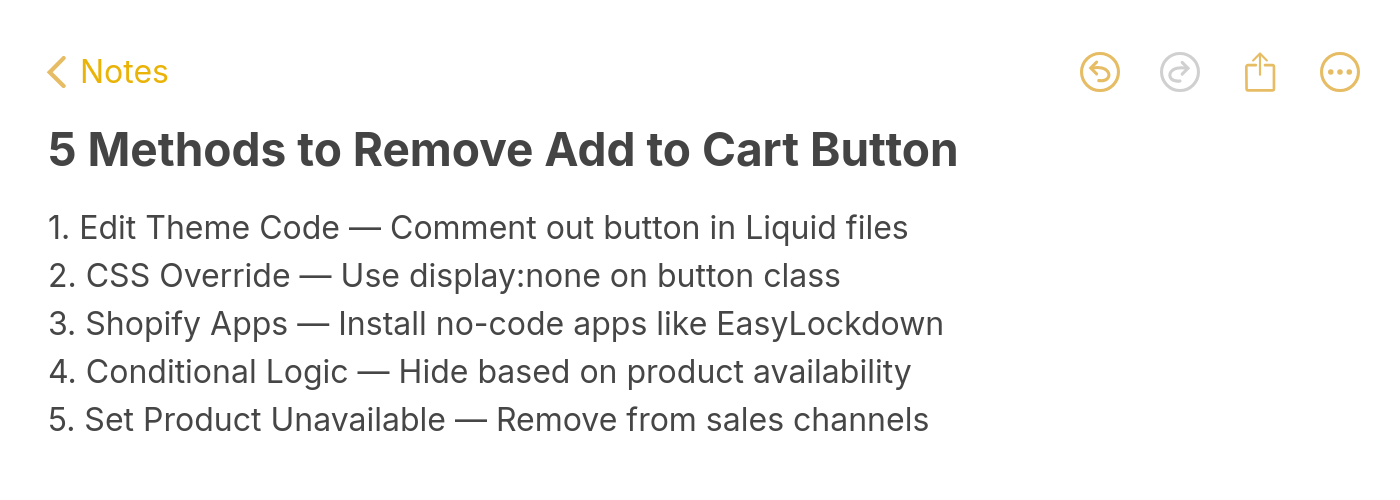5 methods to remove add to cart button on Shopify including theme code editing, CSS override, Shopify apps, conditional logic, and product unavailability