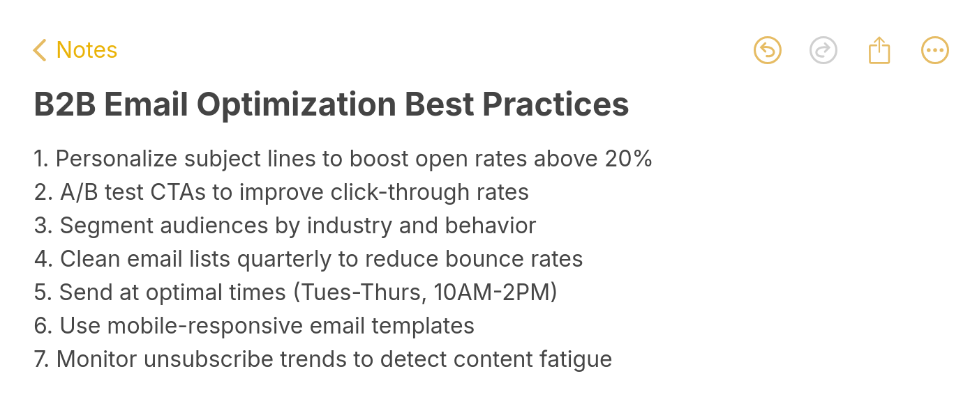 B2B email optimization best practices including personalizing subject lines, A/B testing CTAs, segmenting audiences, cleaning email lists, and sending at optimal times