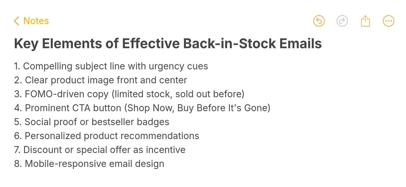Key elements of effective back-in-stock emails including compelling subject lines, product images, FOMO copy, CTA buttons, and social proof