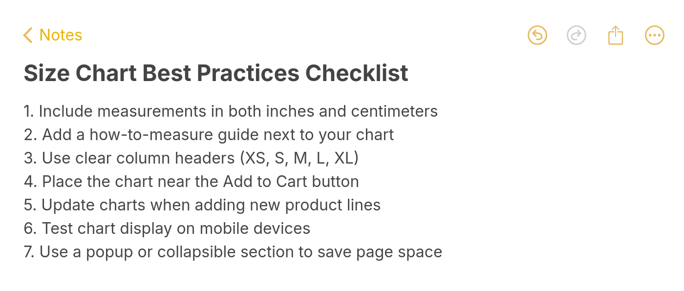 Size chart best practices checklist including dual measurements, how-to-measure guide, clear headers, mobile testing, and popup usage