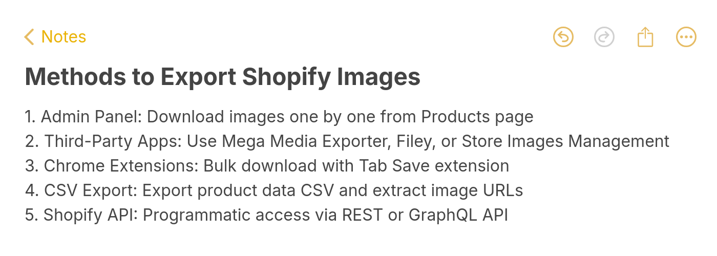 Note listing 5 methods to export images from a Shopify store including admin panel, third-party apps, Chrome extensions, CSV export, and Shopify API