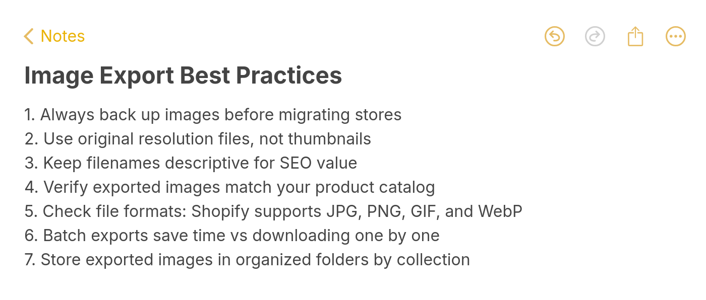 Checklist of 7 image export best practices including backing up images, using original resolution, keeping descriptive filenames, verifying exports, checking file formats, batch exporting, and organizing by collection