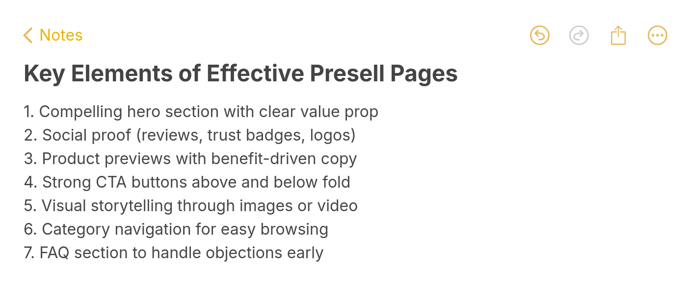 Seven key elements of effective presell pages including social proof CTAs and visual storytelling
