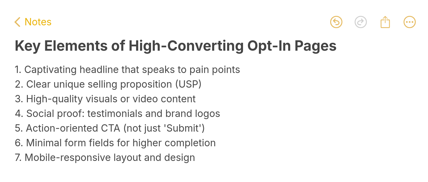 Seven key elements of high-converting opt-in pages including headlines CTAs and social proof