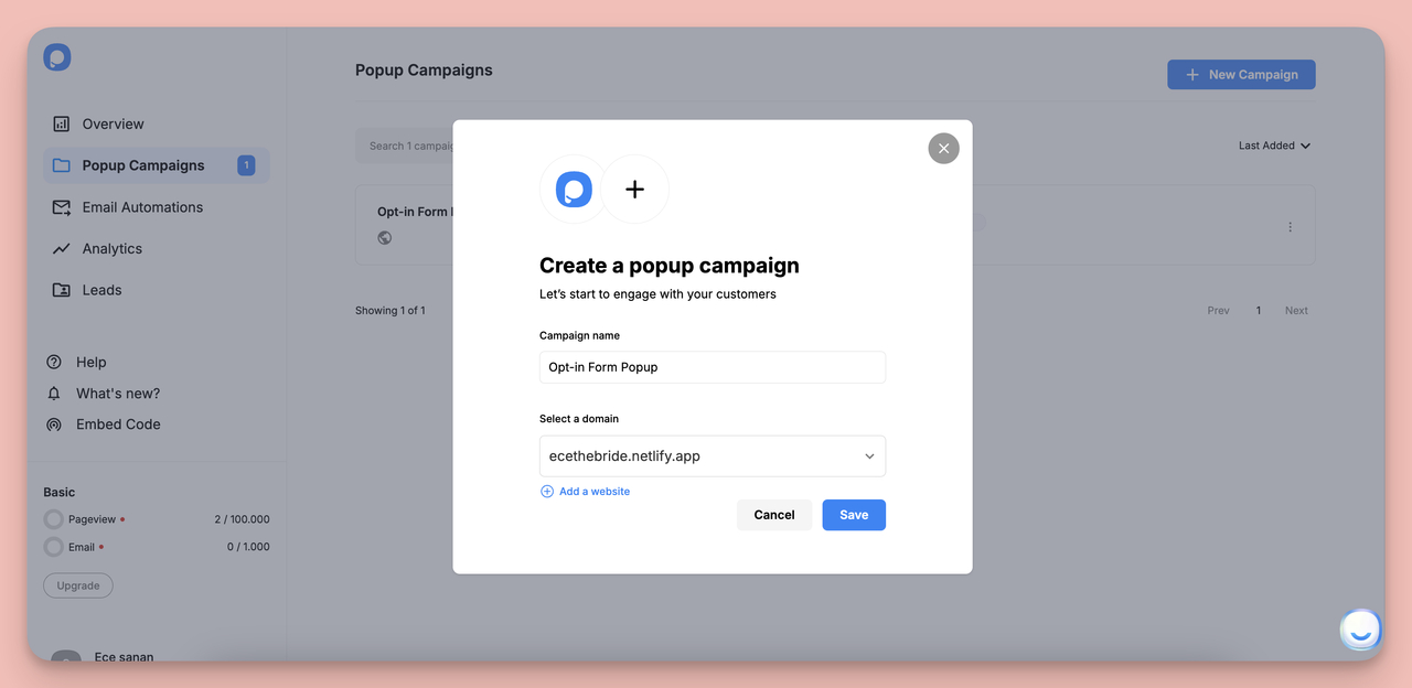 Popupsmart popup campaign name field showing campaign setup step in dashboard