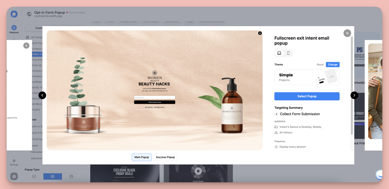 Popupsmart full-screen popup template selection screen for opt-in form campaigns