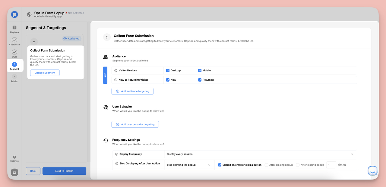 Segment opt-in popup form collecting user data for personalized experience in Popupsmart dashboard
