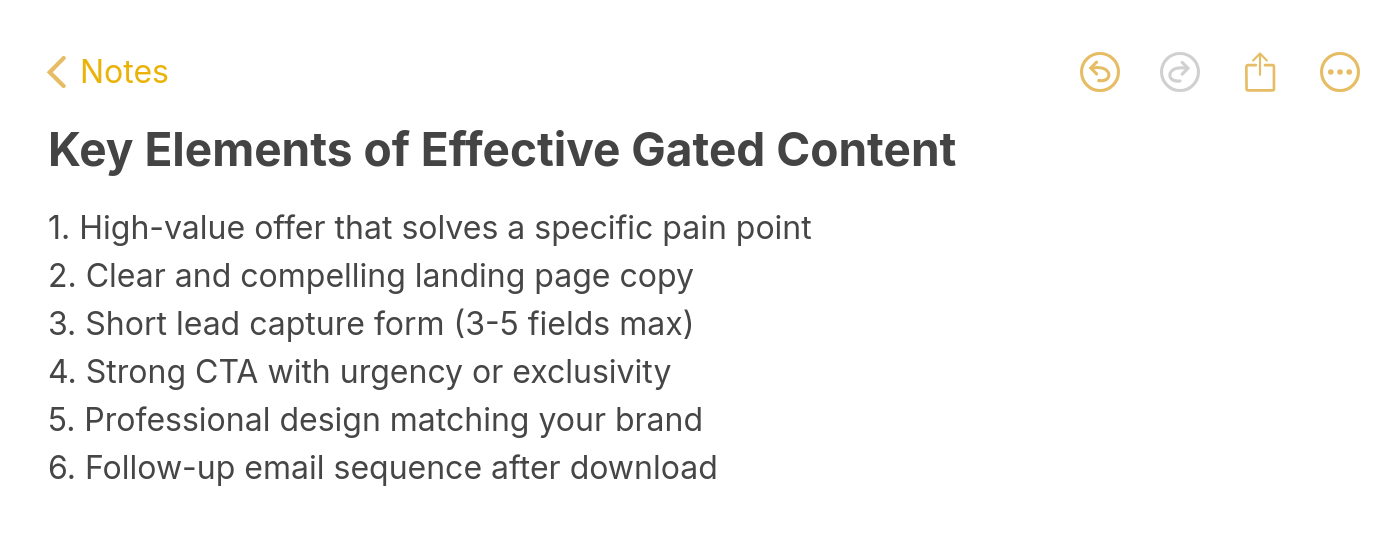 Note listing six key elements of effective gated content including value offer and lead capture forms