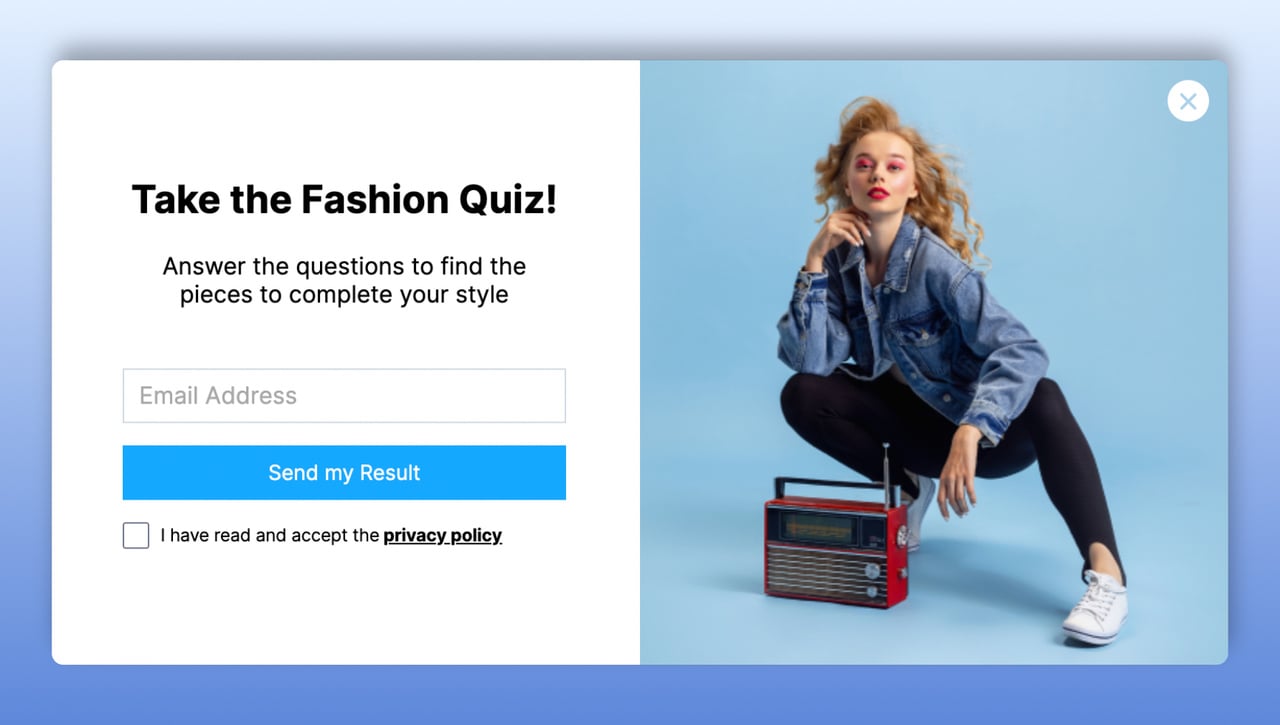 gated content quiz example with the photo of a female model on the right and quiz email address form box on the left with send my result button below