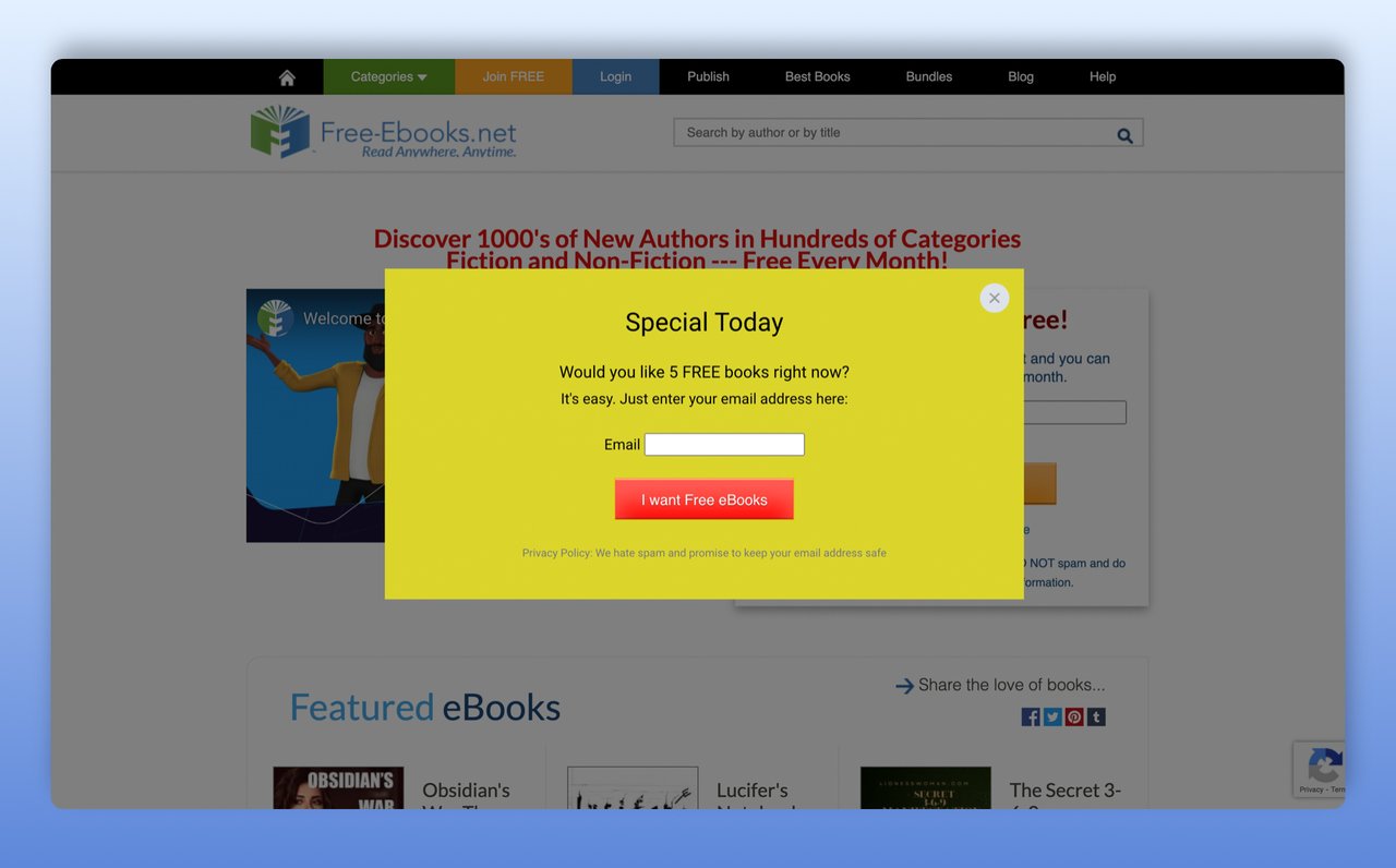 free ebook offer popup on a greenish yellow background offering free ebooks with an email box followed by a red button