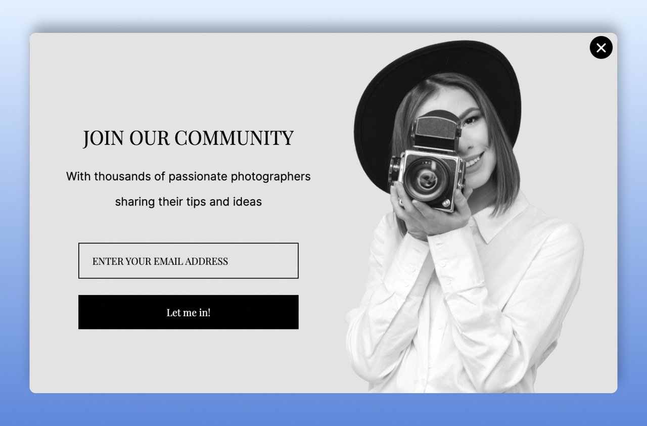 private community gated content example with a woman looking through a camera wearing a black hat and smiling on the right and email address box on the left followed by a let me in button