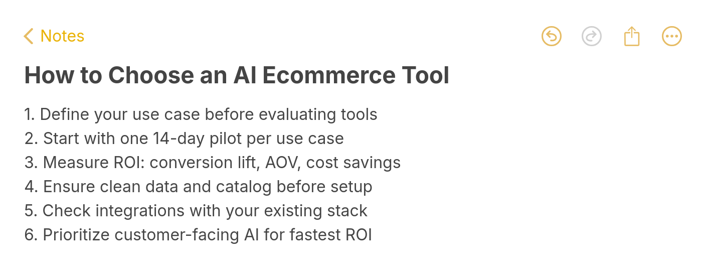 Checklist for choosing the right AI ecommerce tool with six evaluation criteria
