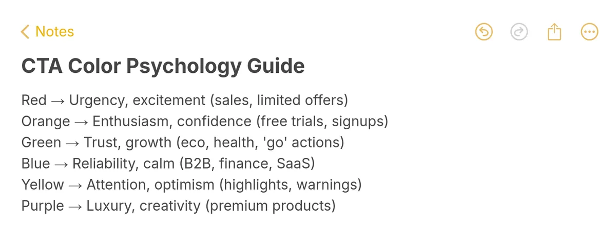 Color psychology guide showing what emotions red, orange, green, blue, yellow, and purple evoke for CTA buttons