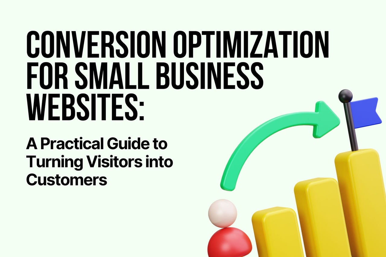 Conversion optimization for small business websites illustration with growth chart, upward arrow, and user icon symbolizing turning website visitors into customers.