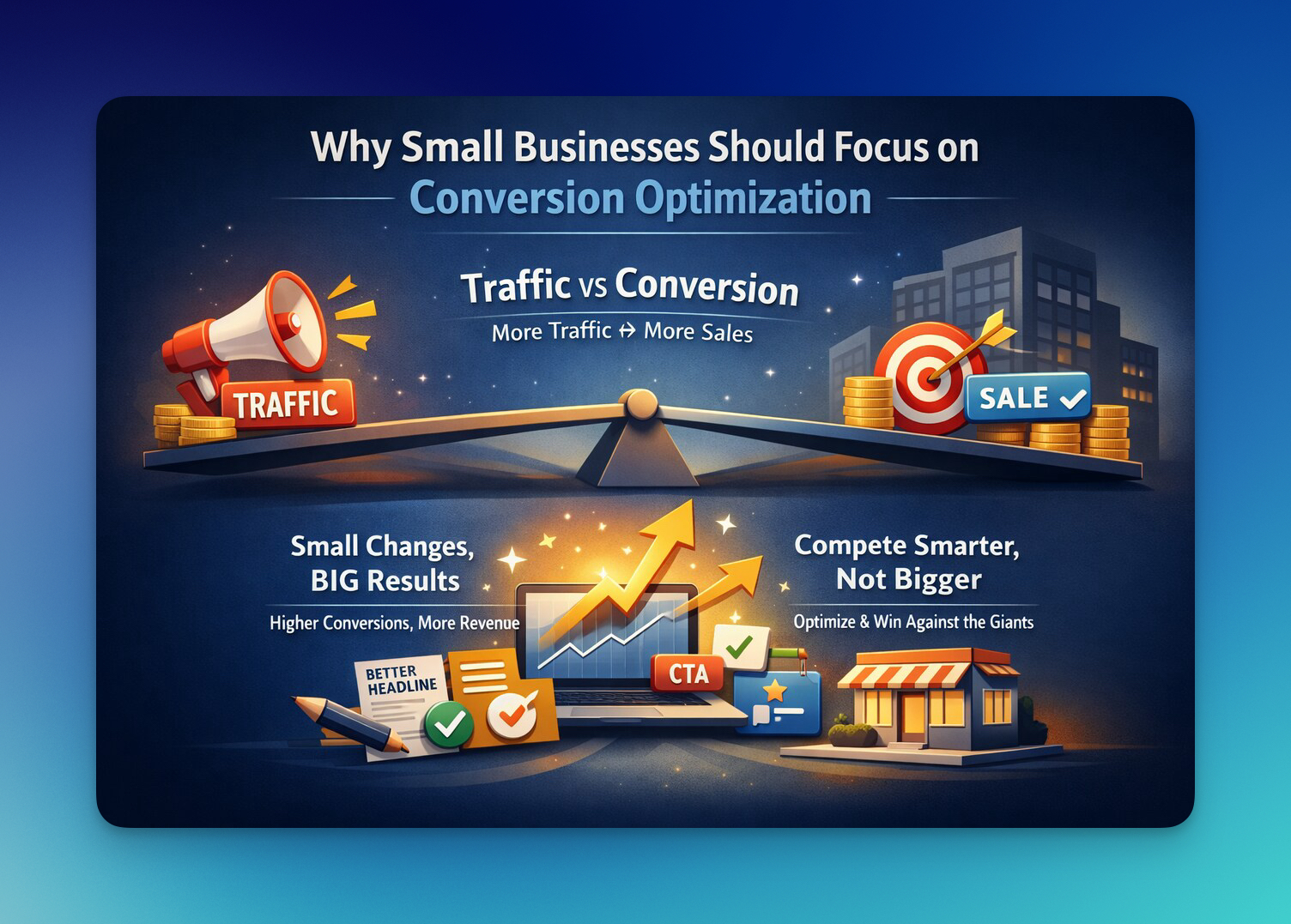 Why small businesses should focus on conversion optimization infographic showing traffic vs conversion balance, sales growth, and CRO benefits