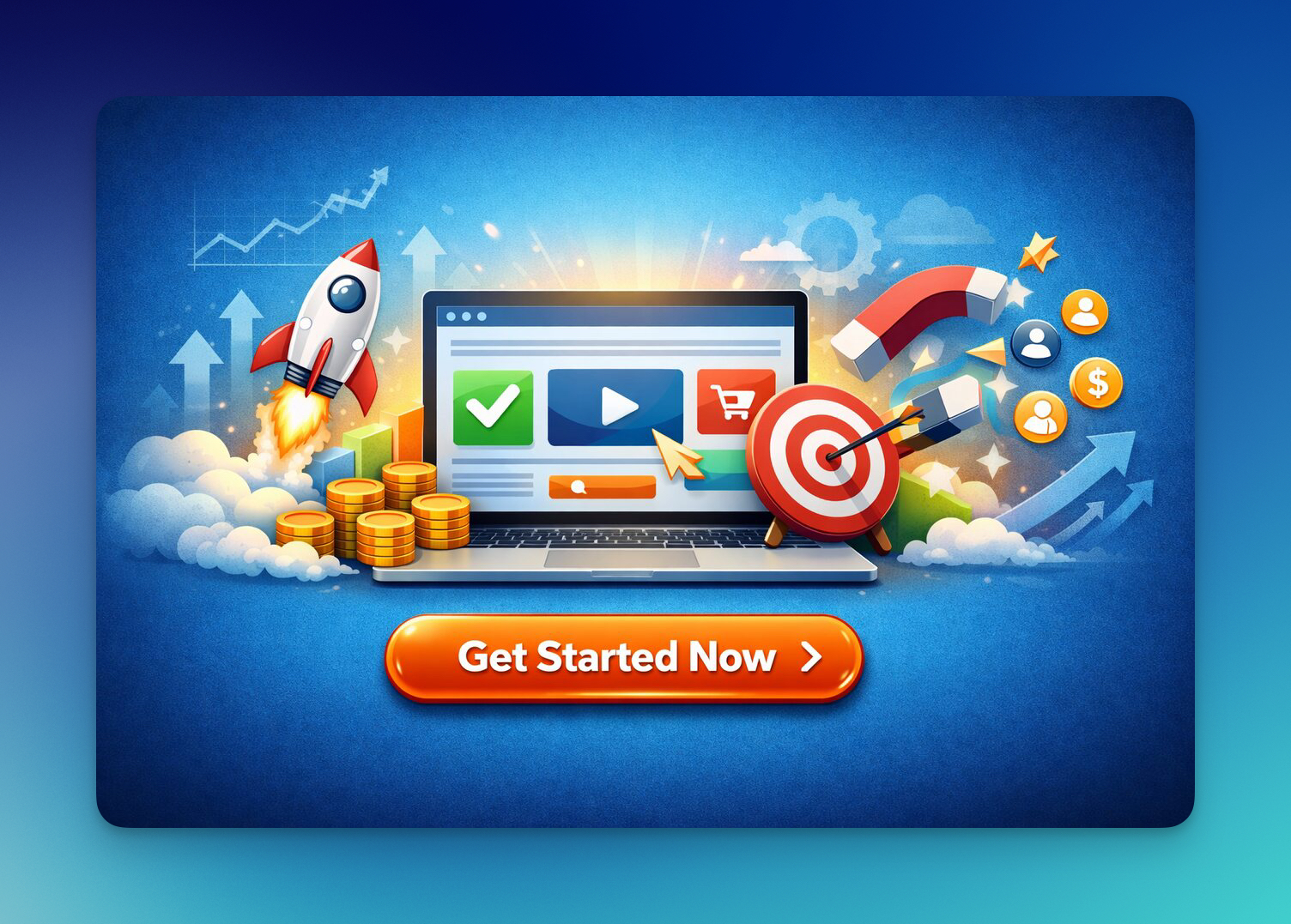 Conversion optimization illustration with laptop interface, CTA button “Get Started Now”, rocket launch, target icon, and sales growth elements