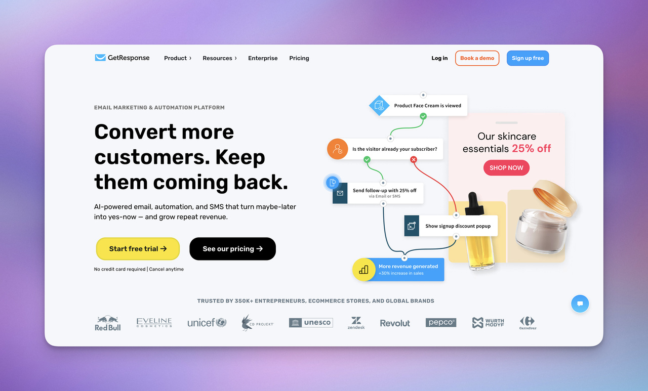 GetResponse homepage showing email marketing automation, signup popups, product recommendations, and ecommerce growth tools