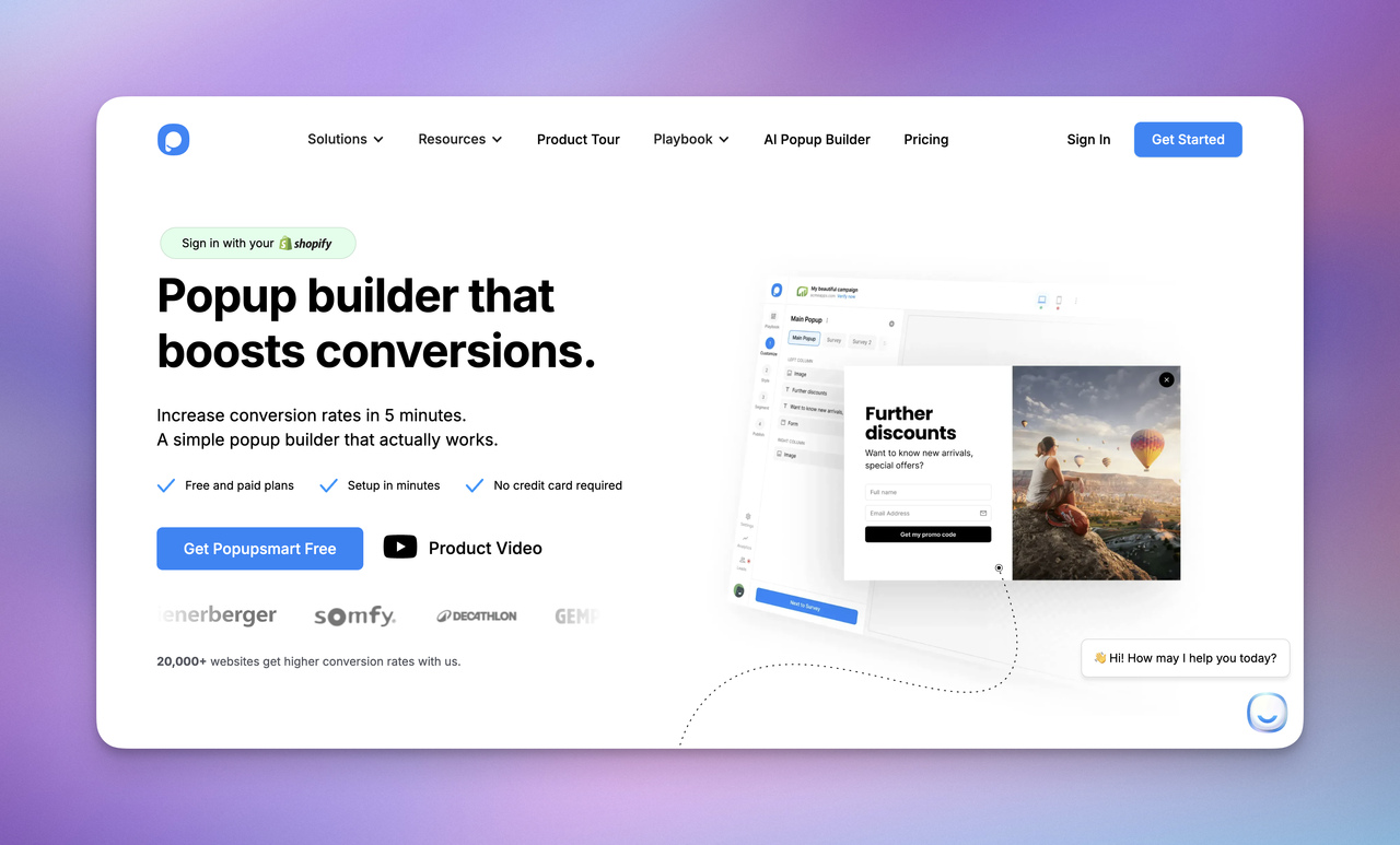 Popupsmart homepage featuring AI popup builder, conversion-focused signup form, and no-code lead capture tools