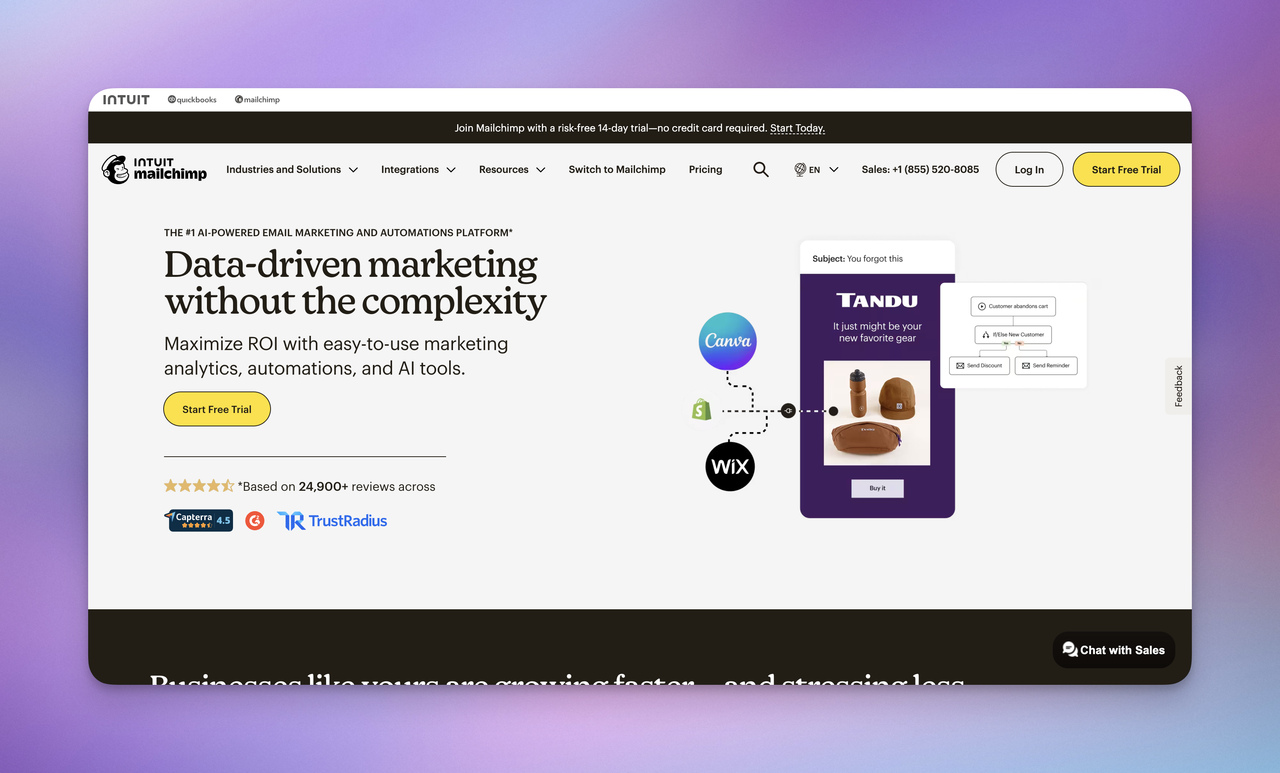Mailchimp homepage showing AI-powered email marketing, automation tools, analytics, and campaign builder interface