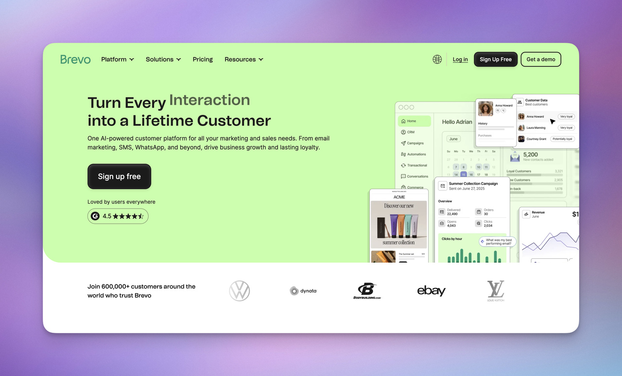 Brevo homepage showing multichannel marketing platform with email, SMS, CRM, and customer engagement tools