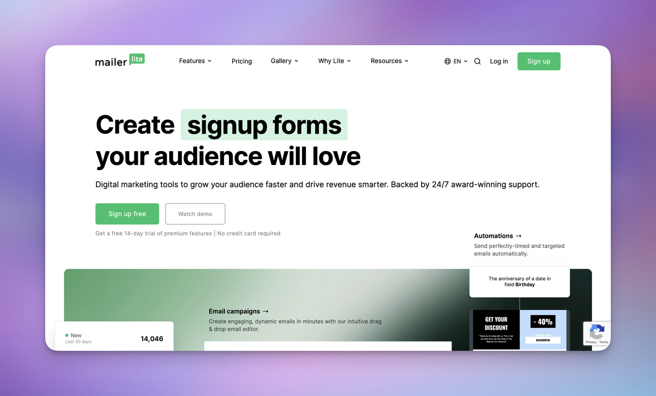 MailerLite homepage featuring signup form builder, email marketing automation, and audience growth tools for businesses
